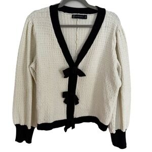 New York & Co Cream Black Bow Preppy Academia Cardigan Sweater‎ Plus Size 1X